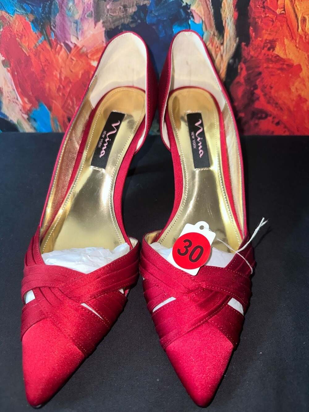 No.30 Nina New York Blakely Red Satin Pointy Toe Half D'Orsay Pumps Size 7.5